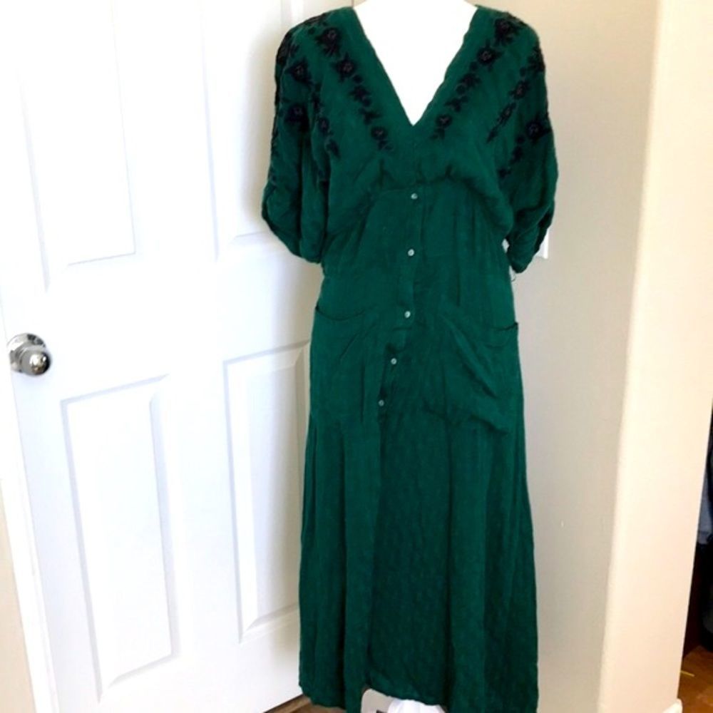 Free People Green Embroidered Dress Sz L